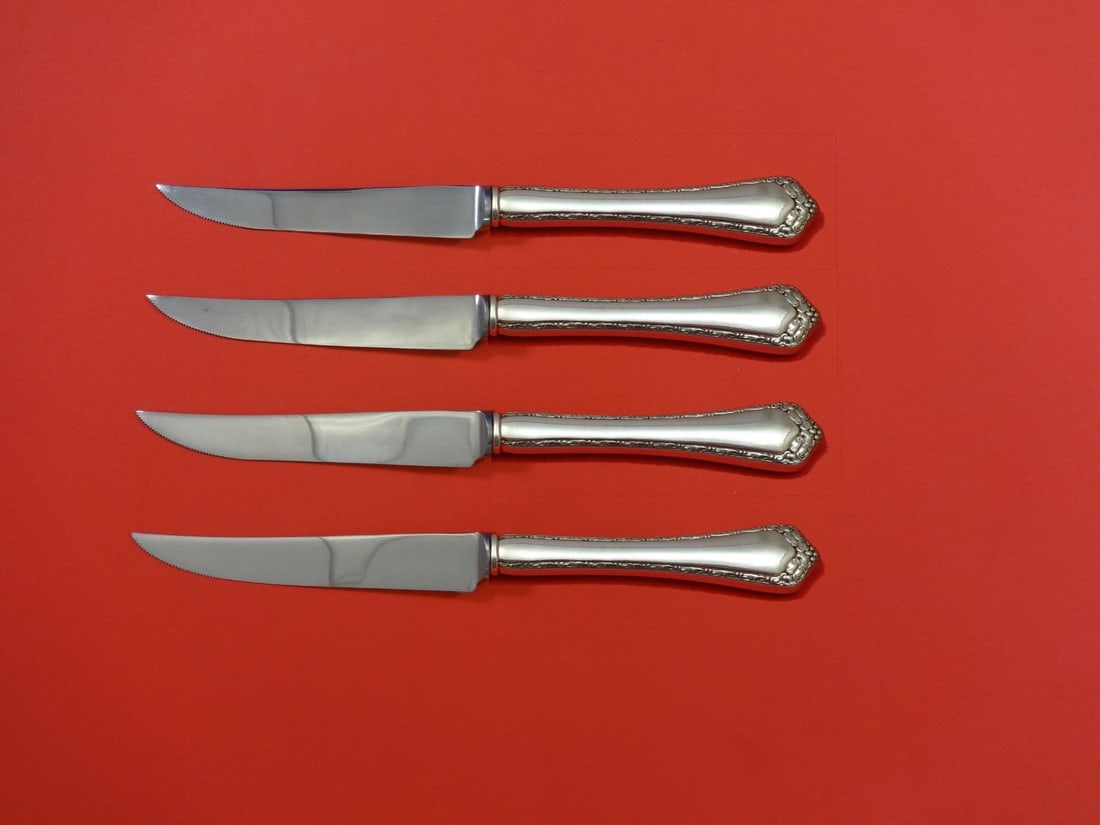 Easterling Rosemary Sterling Silver Steak Knife Set 4pc Custom 8.5": Easterling Rosemary Sterling Silver Steak Knife Set 4pc Custom 8.5" This exquisite 4-piece steak knife set features the elegant Rosemary pattern by Easterling. Crafted from high-quality sterling silve