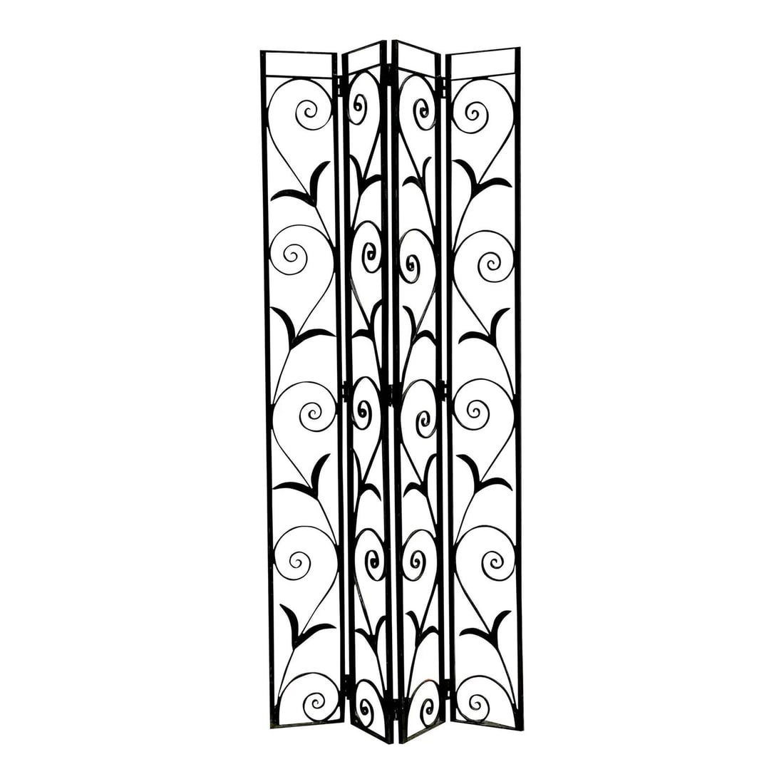 Vintage Art Deco Four-Panel Wrought Iron Folding Screen 92.25in: Vintage Art Deco Four-Panel Wrought Iron Folding Screen 92.25in Enhance your space with this Vintage Art Deco Wrought Iron Screen, a striking piece that combines architectural elegance with timeless d