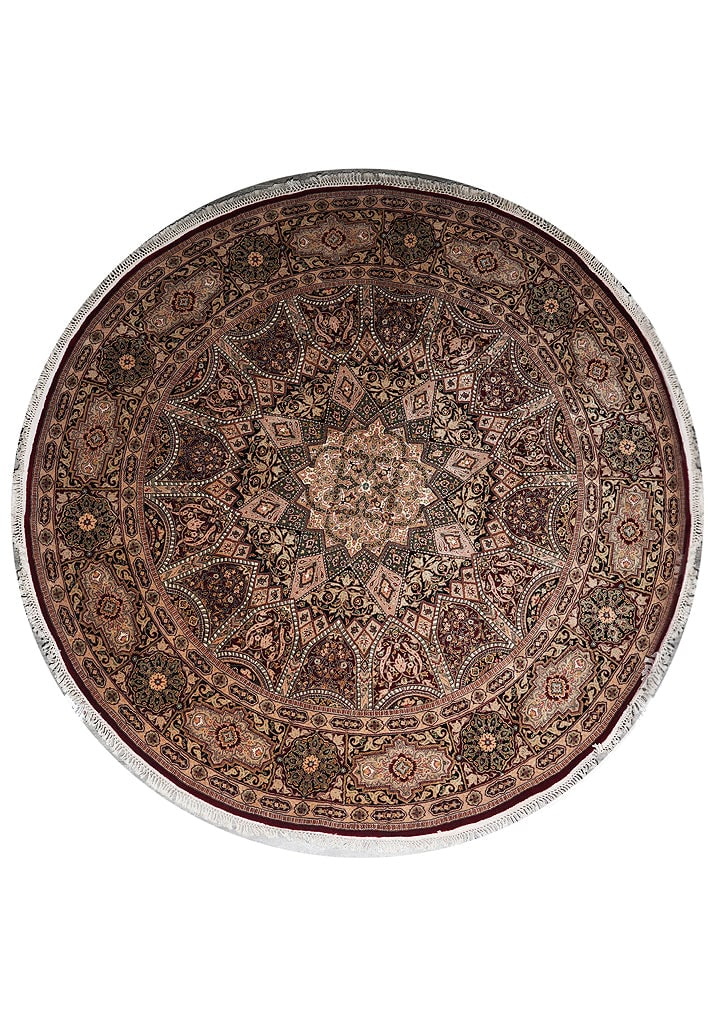 8 x 8 Round Wool and Silk Hand-Knotted Dom Esfahan Rug Handmade in China: 8 x 8 Round Wool and Silk Hand-Knotted Dom Esfahan Rug Handmade in China Free continental US Shipping This 8 x 8 foot round area rug is finely handmade in China, featuring a hand-knotted weave crafted