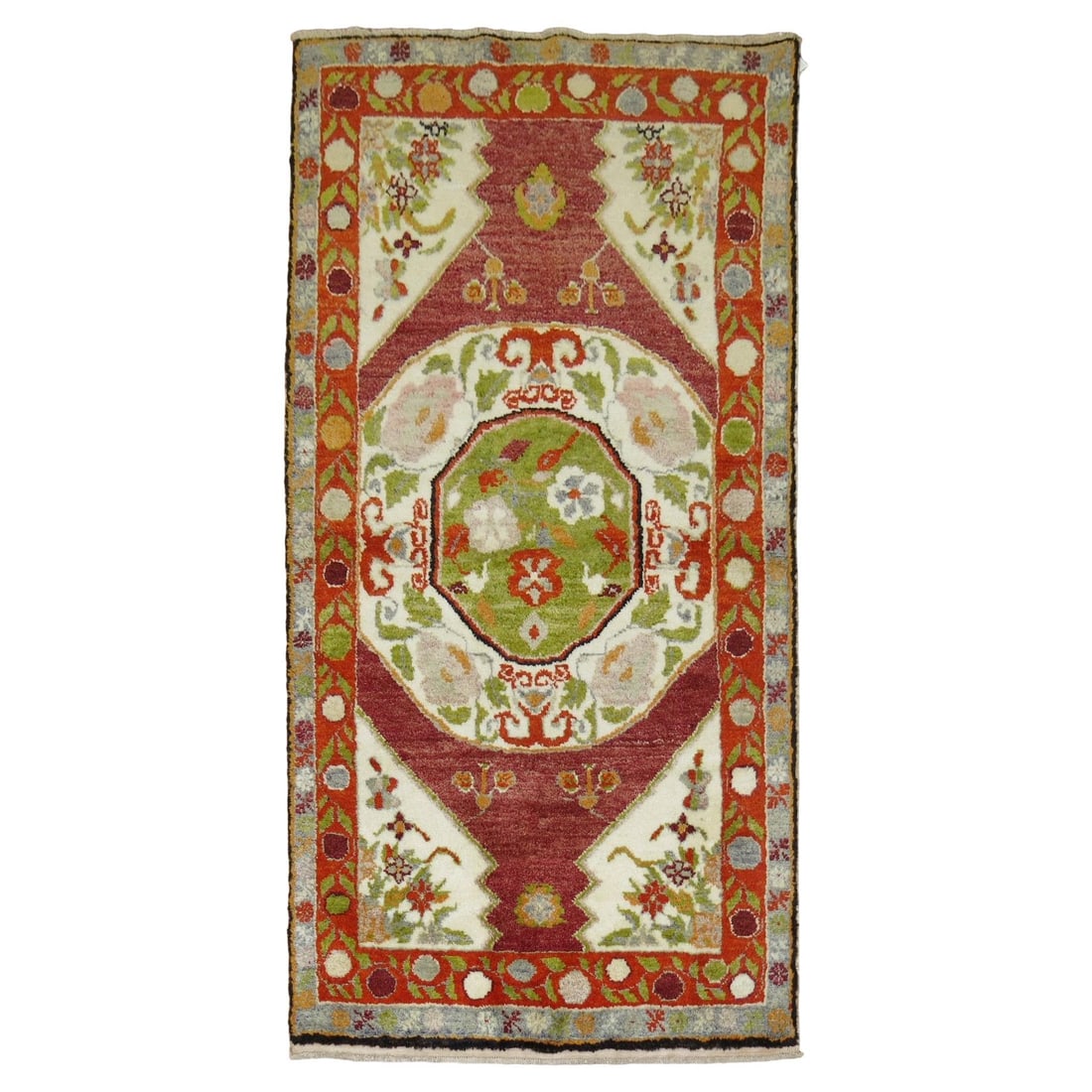 Zabihi Collection Vintage Turkish Anatolian Rug 38 x 67 Hand-Knotted Wool: Zabihi Collection Vintage Turkish Anatolian Rug 38 x 67 Hand-Knotted Wool This exquisite Zabihi Collection Red Vintage Turkish Anatolian Scatter Rug showcases the timeless elegance of Greco Roman desi