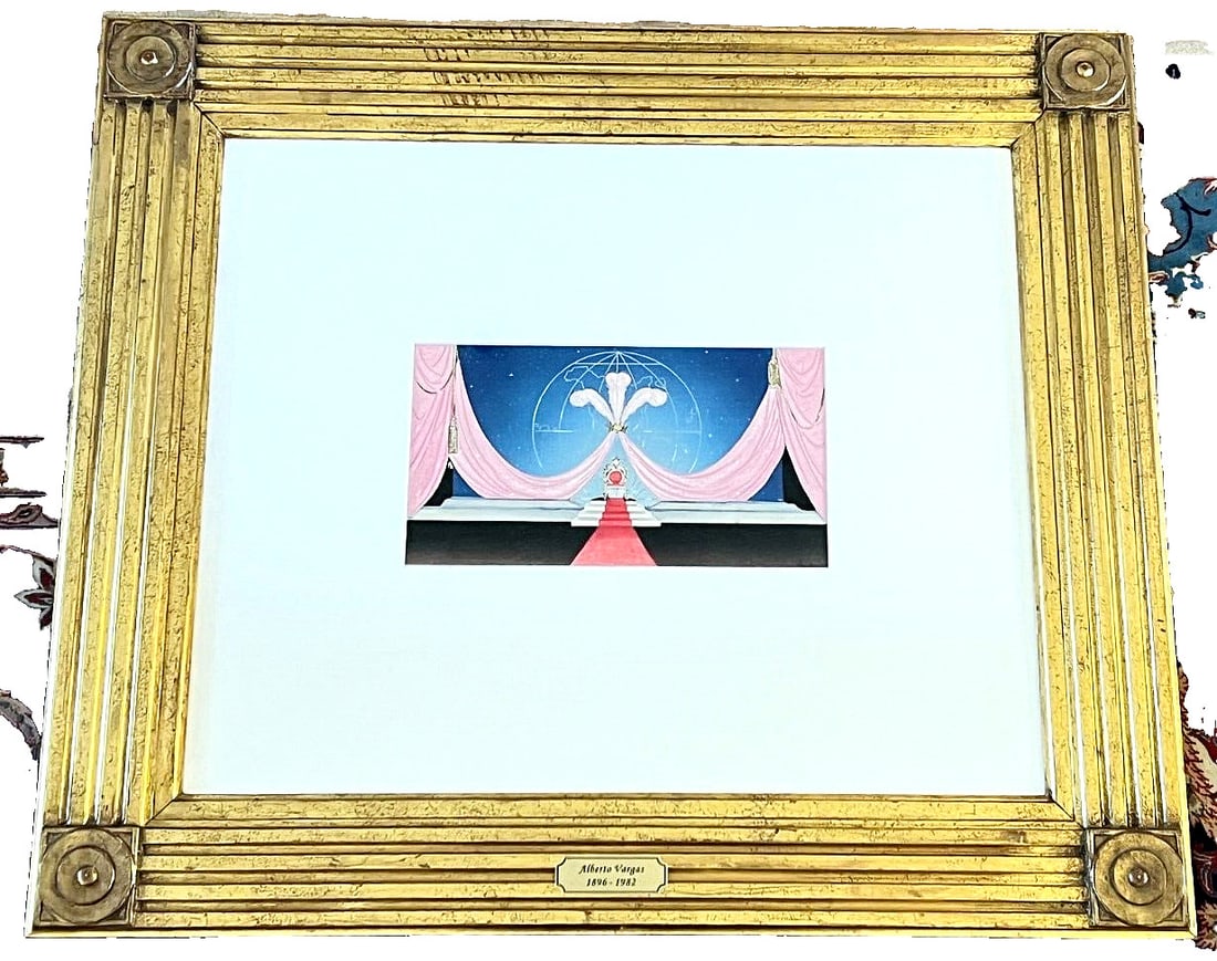 Alberto Vargas 1956 Miss Universe Stage Set Watercolor Painting Signed: Alberto Vargas 1956 Miss Universe Stage Set Watercolor Painting Signed This stunning watercolor painting titled "Miss Universe Stage Illustration" was created by renowned Peruvian-American artist Albe