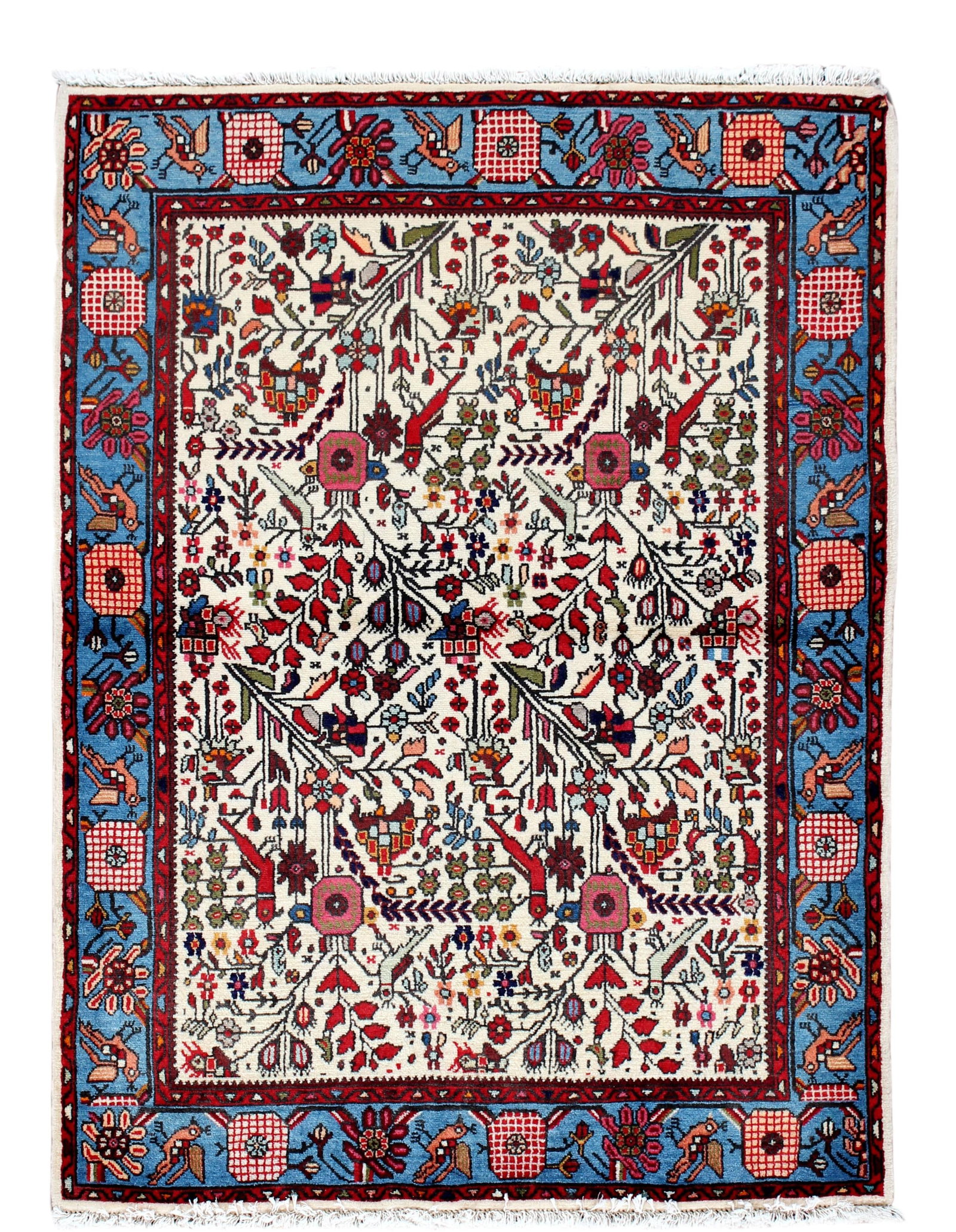 Vintage Handmade Persian Hamadan Wool Rug Ivory Floral Design 3'7 x 4'10: Vintage Handmade Persian Hamadan Wool Rug Ivory Floral Design 3'7 x 4'10 Enhance your living space with this exquisite Vintage Hamadan Handmade Wool Rug, featuring a stunning ivory field adorned with 