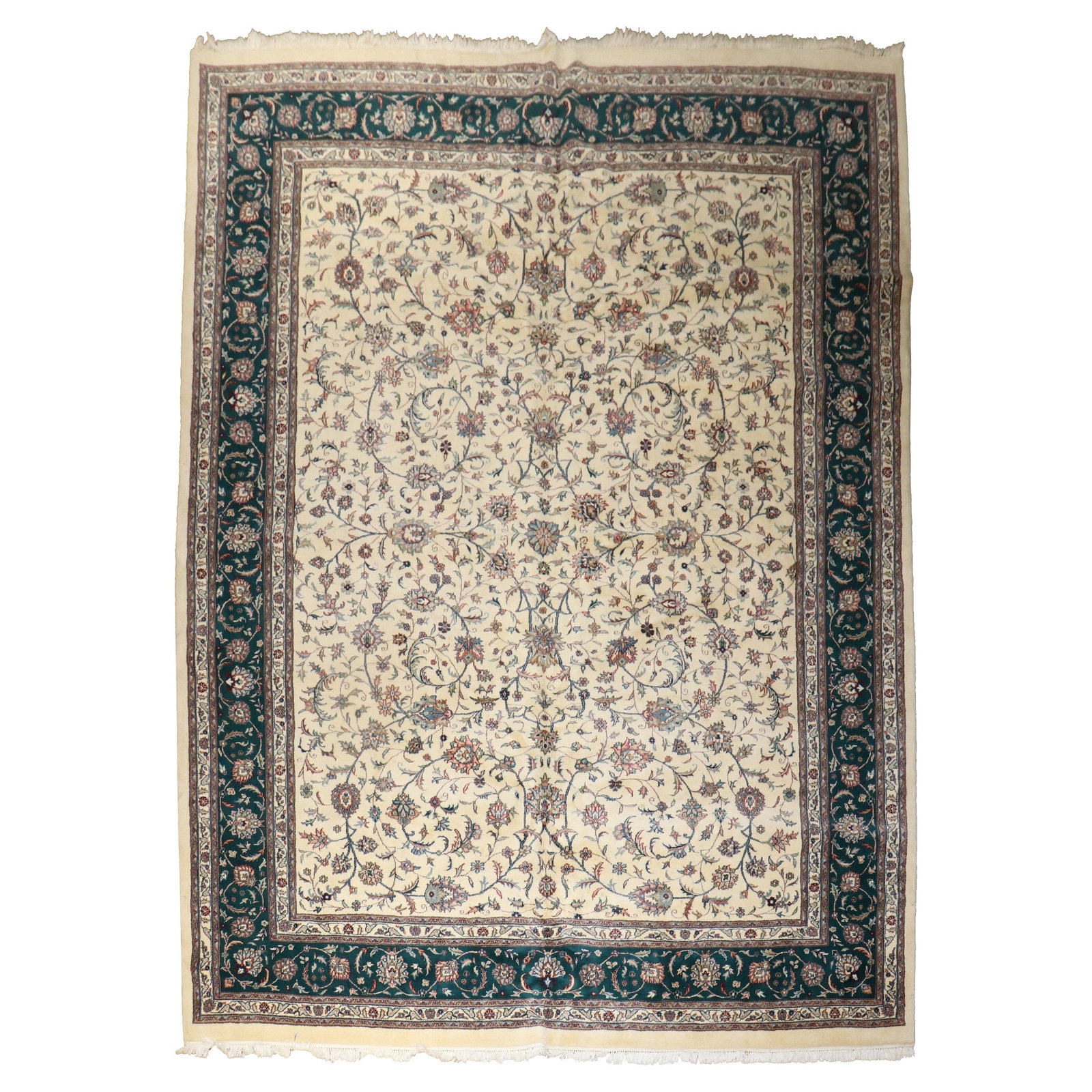 Zabihi Collection Large Vintage Tabriz Wool Rug Ivory Green 10' x 13'3'': Zabihi Collection Large Vintage Tabriz Wool Rug Ivory Green 10' x 13'3'' Enhance your living space with this exquisite large Indian vintage room rug from the Zabihi Collection. Featuring a stunning al