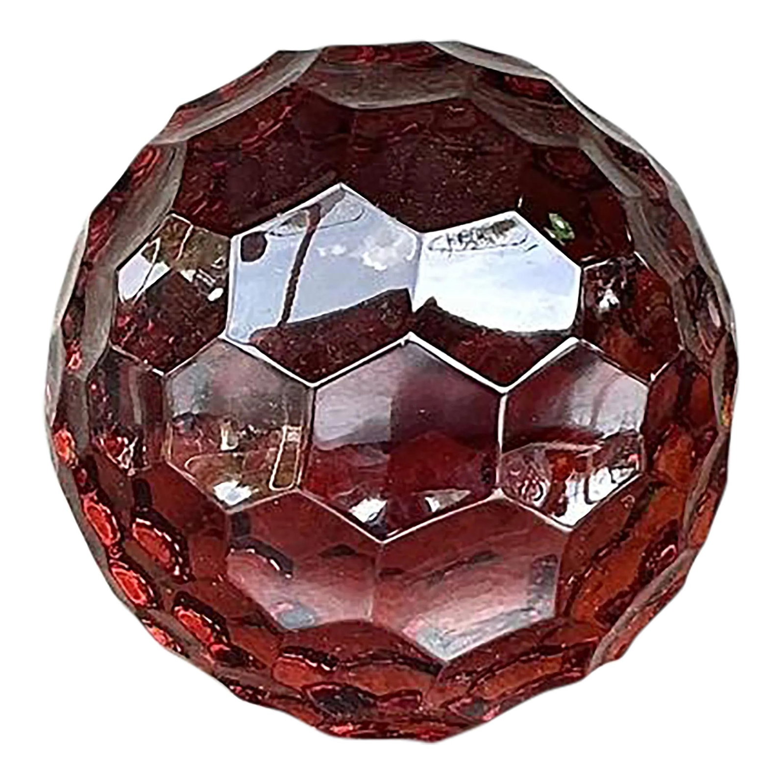 Vintage Regency Deep Garnet Glass Sphere with Geometric Facets: Vintage Regency Deep Garnet Glass Sphere with Geometric Facets This Vintage Regency Faceted Solid Glass Sphere showcases vintage sophistication with its deep garnet hue and captivating geometric facet