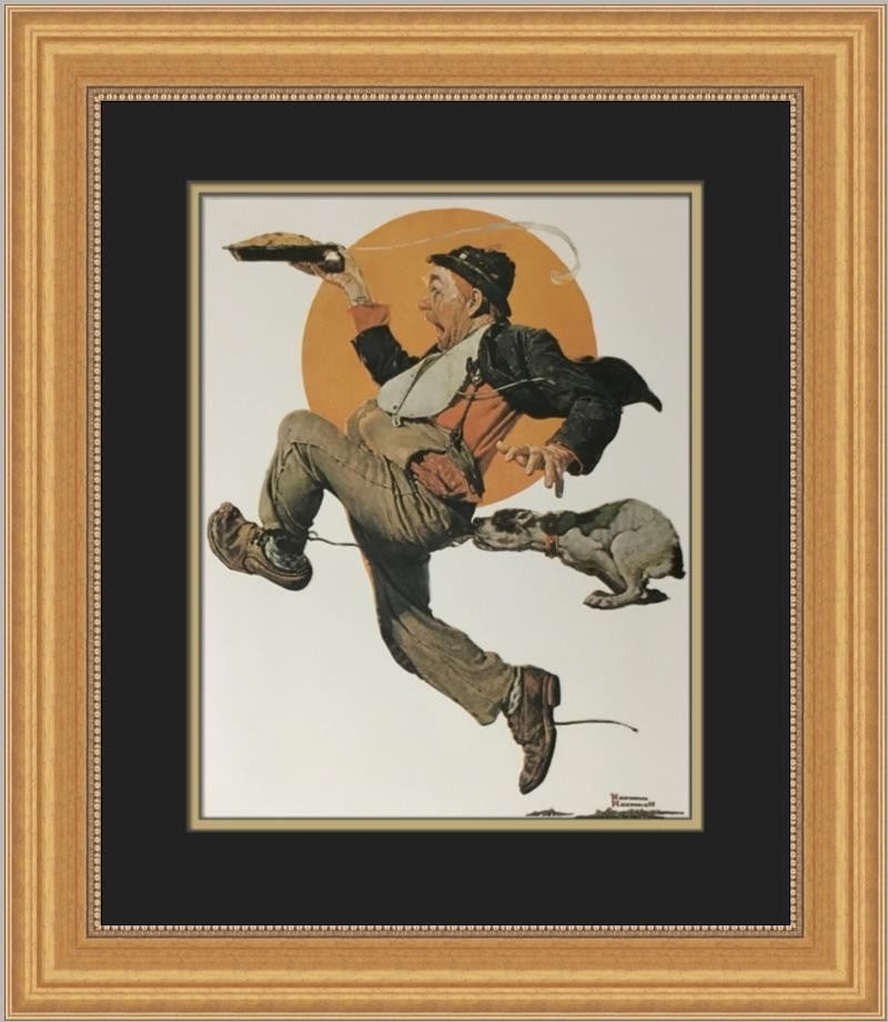 Norman Rockwell Fleeing Hobo Framed Print 1975 Americana Art: Norman Rockwell Fleeing Hobo Framed Print 1975 Americana Art This stunning custom framed print titled 'Fleeing Hobo' by renowned artist Norman Rockwell captures the essence of Americana. Measuring 20 
