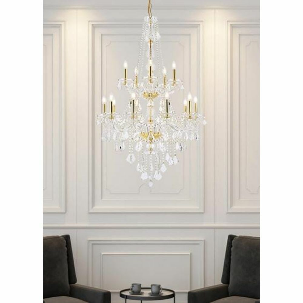Verona 15-Light Gold Crystal Foyer Chandelier 33 inch: Verona 15-Light Gold Crystal Foyer Chandelier 33 inch This large crystal chandelier features 15 lights and a gold-plated finish, designed in a modern Venetian style with clear and gold French pendant 