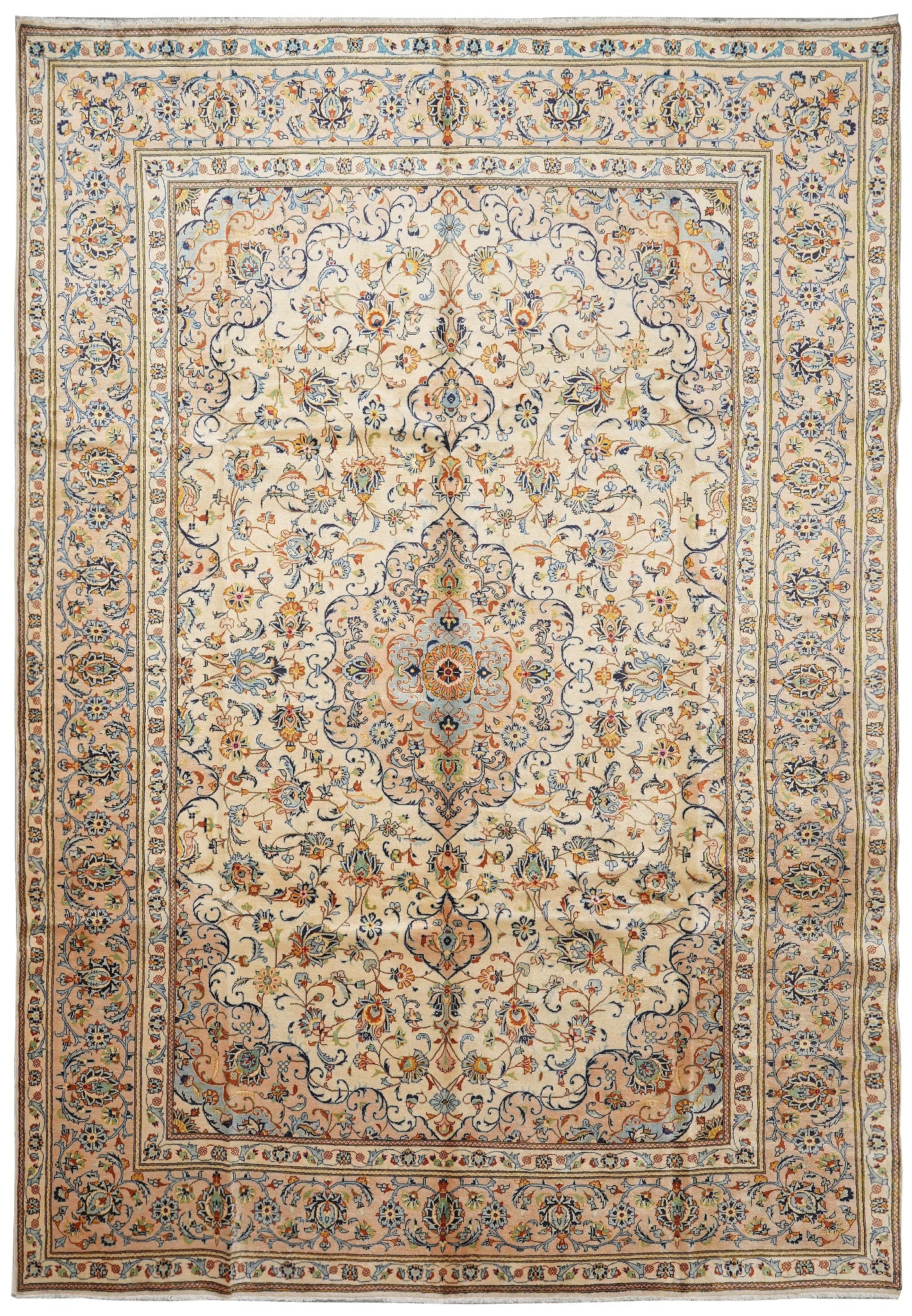 Persian Kashan Hand-Knotted Ivory Wool Rug 9.8 x 13.9 Elegant Floral Design: Persian Kashan Hand-Knotted Ivory Wool Rug 9.8 x 13.9 Elegant Floral Design Free continental US Shipping This Persian hand-knotted Kashan rug in ivory is a distinguished piece crafted by skilled artis