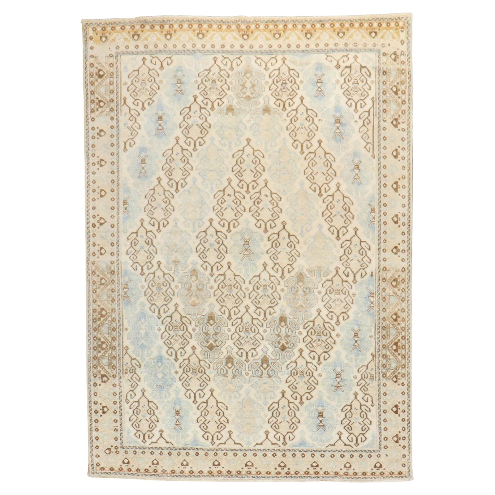 Mid-Century Persian Kashan Tabriz Rug Wool 49 x 66: Mid-Century Persian Kashan Tabriz Rug Wool 49 x 66 This exquisite vintage Persian Kashan rug features a beautiful blend of beige, brown, and baby blue colors. Crafted from high-quality wool, this rug 
