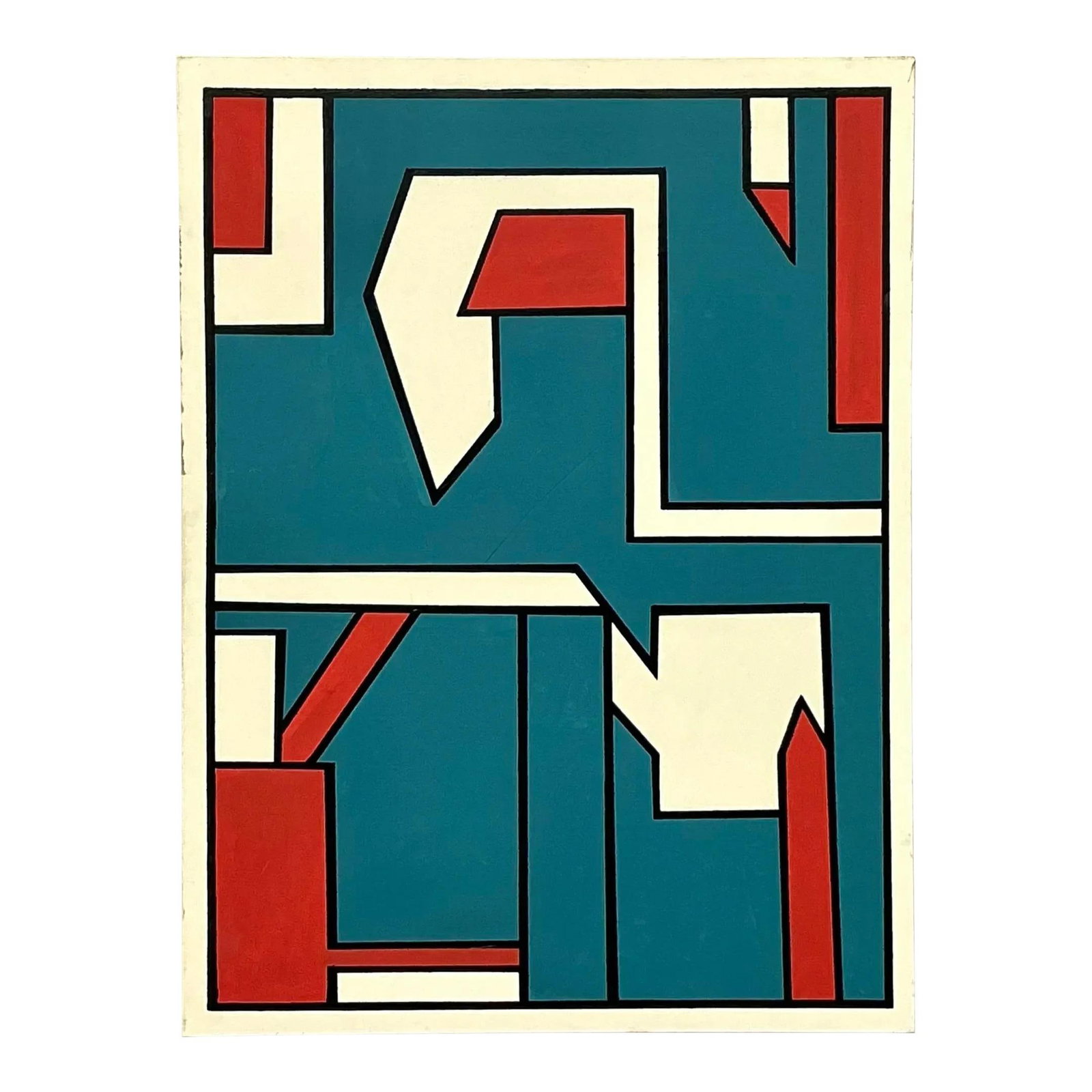 Vintage Late 20th Century Teal Geometric Abstract Oil Painting: Vintage Late 20th Century Teal Geometric Abstract Oil Painting This stunning vintage abstract oil painting features bold geometric patterns in vibrant teal, red, and white tones. The expertly crafted 