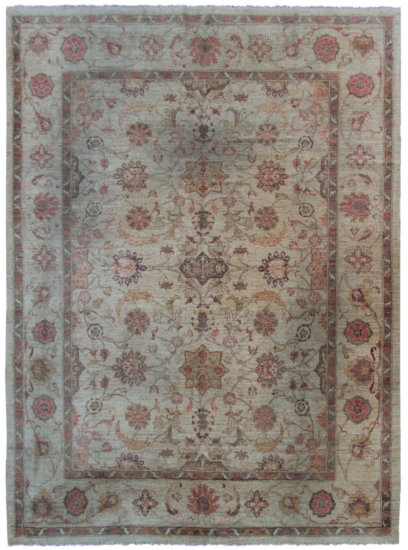 Vintage Turkish Oushak Wool Area Rug 9x12 Handmade Floral: Vintage Turkish Oushak Wool Area Rug 9x12 Handmade Floral This vintage Turkish Oushak area rug features a hand-knotted wool construction and an all-over floral and geometric pattern in shades of beige
