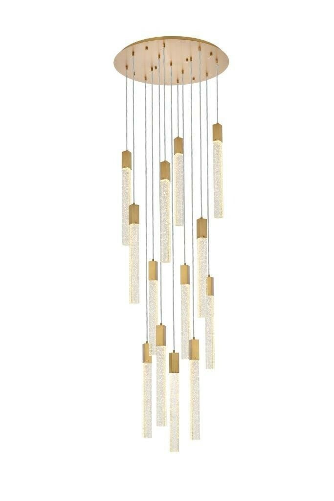 Weston 13-Light Satin Gold Crystal Pendant Chandelier: Weston 13-Light Satin Gold Crystal Pendant Chandelier This modern crystal pendant chandelier features a striking satin gold finish and is designed for versatile use in dining rooms, foyers, kitchens, 