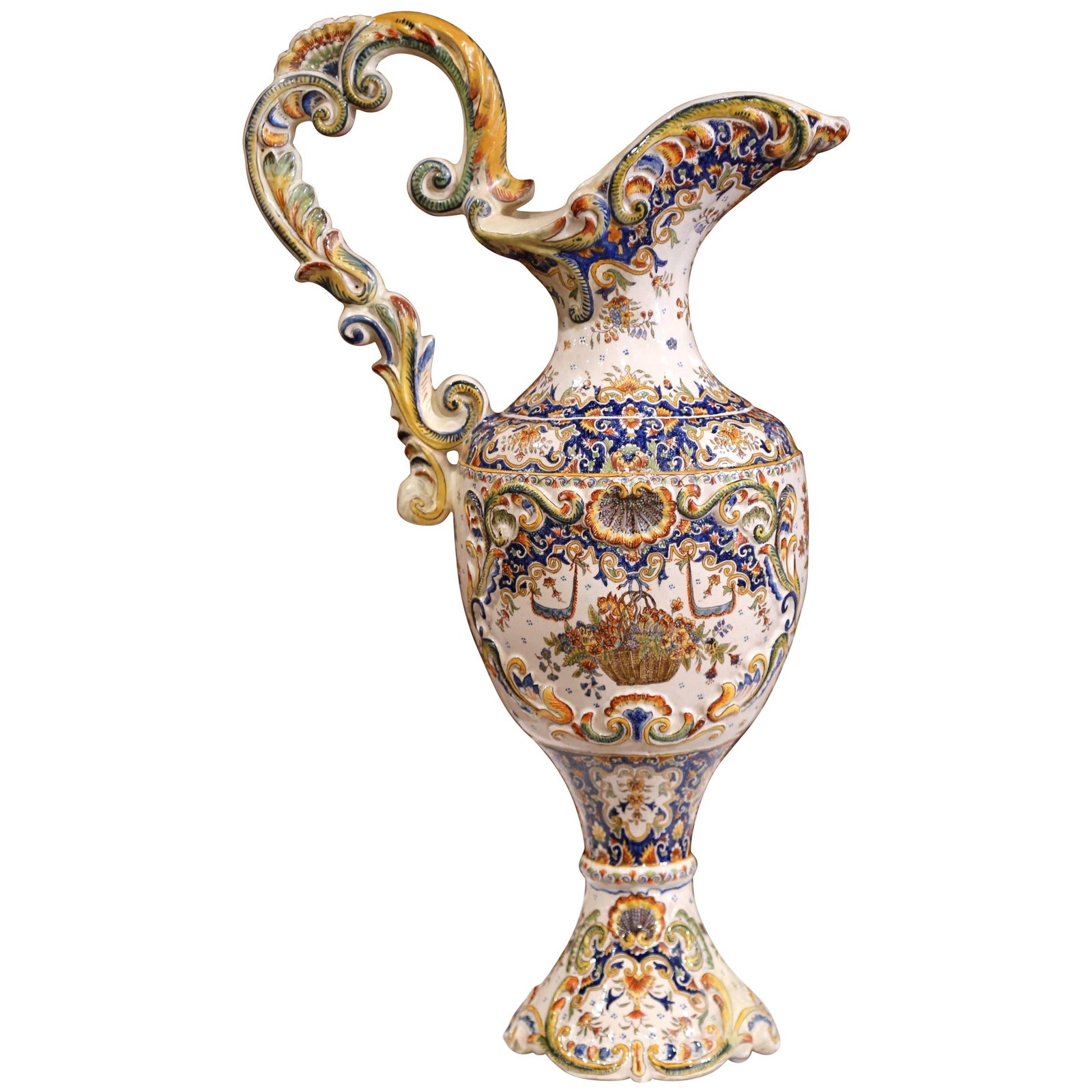 Mid-19th Century Hand Painted Faience Ewer Vase from Normandy: Mid-19th Century Hand Painted Faience Ewer Vase from Normandy This exquisite 19th Century French Hand Painted Faience Ewer Vase, also known as an "Aiguiere," showcases the elegance of the Louis XV sty