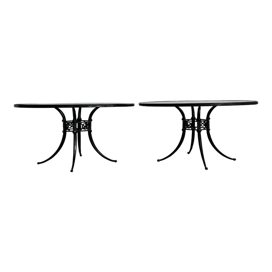 Pair of Black Cast Aluminum Patio Dining Tables with Glass Tops Set of 2: Pair of Black Cast Aluminum Patio Dining Tables with Glass Tops Set of 2 This pair of vintage outdoor dining tables brings timeless elegance to any patio, garden, or sunroom. Crafted from durable cast