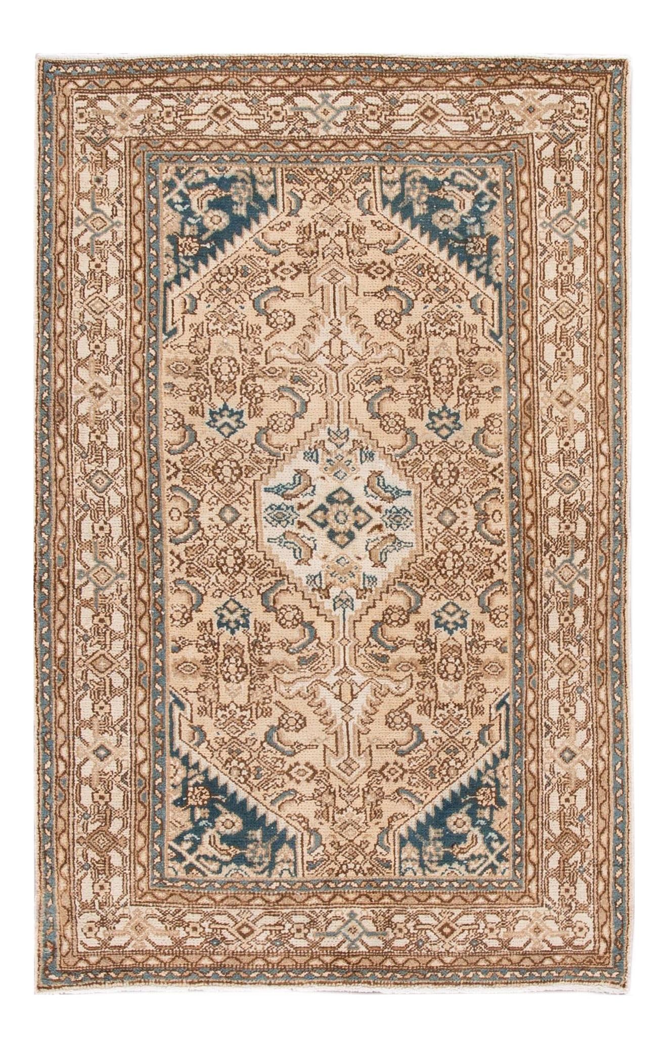 Vintage 1920 Handmade Beige Medallion Wool Rug 4'4 x 7'0: Vintage 1920 Handmade Beige Medallion Wool Rug 4'4 x 7'0 Discover the charm of this exquisite early 20th-century vintage handmade wool rug. Featuring a soft beige field adorned with delicate blue acce
