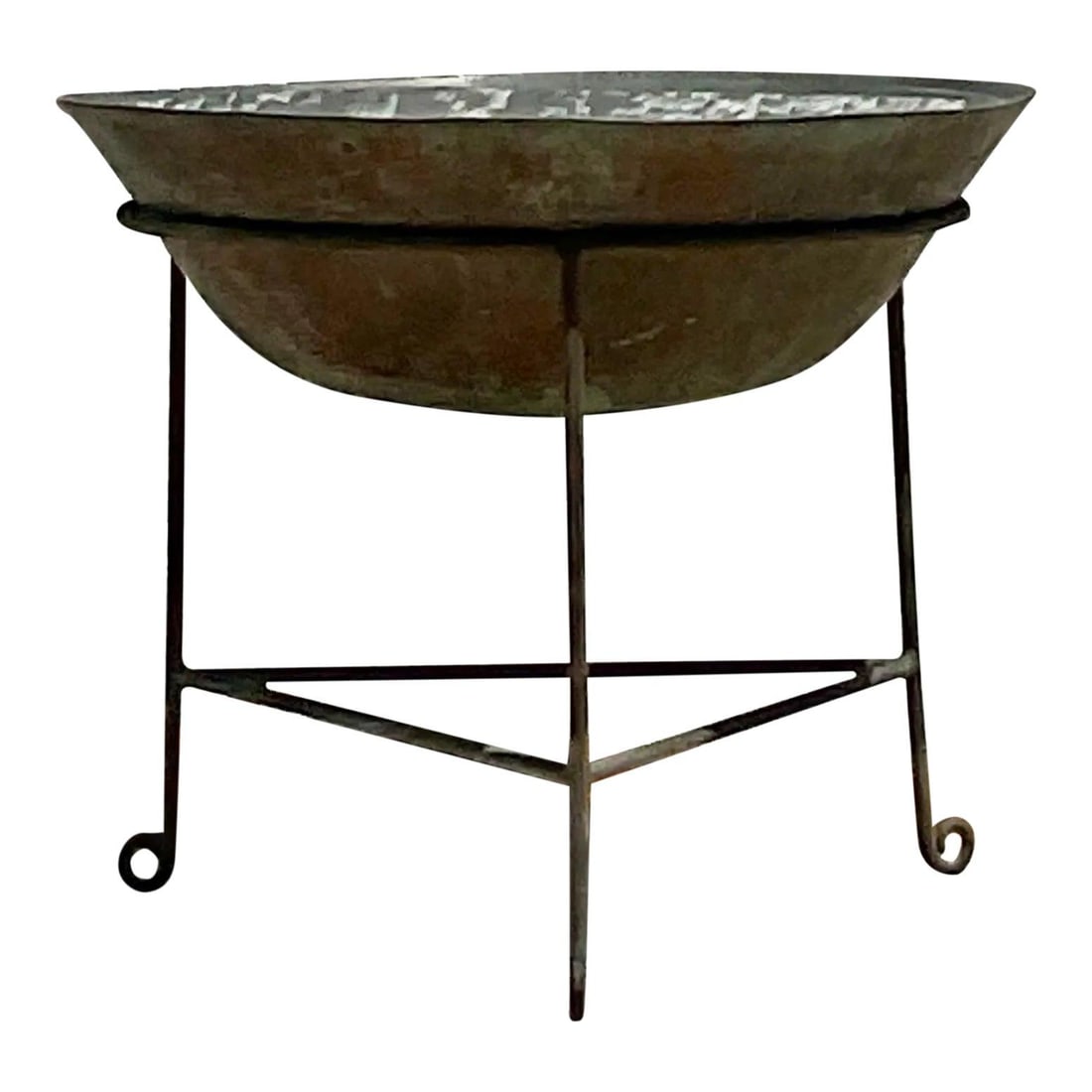 Vintage Gray Patinated Drum Table with Glass Top: Vintage Gray Patinated Drum Table with Glass Top This vintage Boho drum table is a unique collectors' piece perfect for showcasing your favorite items. Featuring a chic patinated metal design compleme