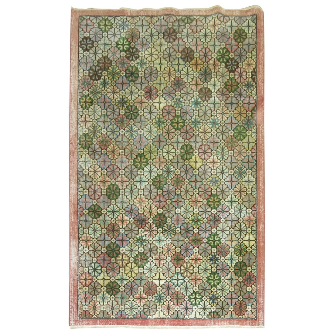 Mid Century Modern Wool Hand Knotted Turkish Deco Rug: Mid Century Modern Wool Hand Knotted Turkish Deco Rug This vintage Turkish Deco rug features an all-over repetitive design in feminine colors, reflecting a Mid-Century Modern style. Hand-knotted from 
