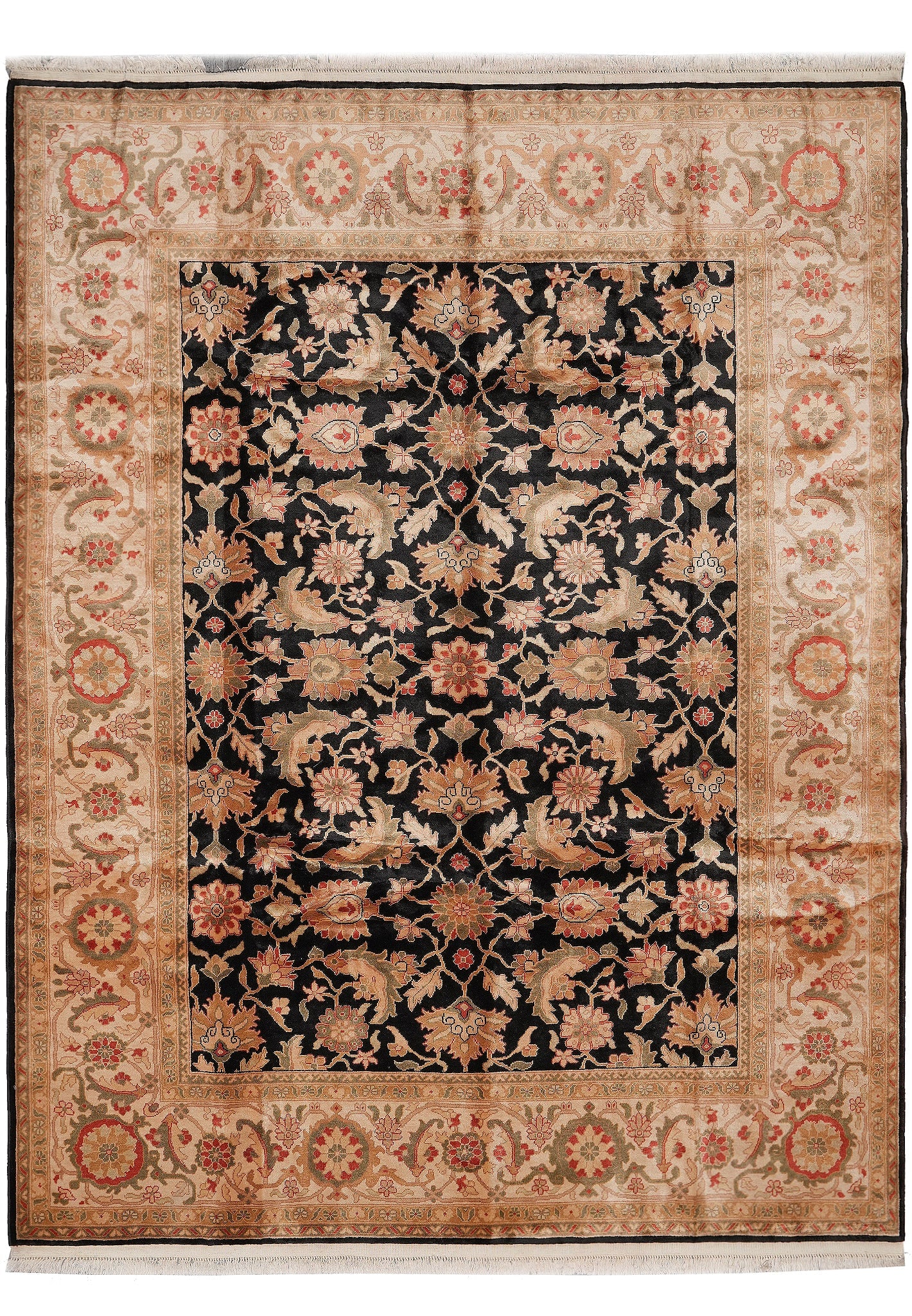 8 x 9.9 Wool Hand-Knotted Agra Rug Black: 8 x 9.9 Wool Hand-Knotted Agra Rug Black Free continental US Shipping This hand-knotted Agra rug features a striking black palette and a floral design with intricate gold, red, and black detailing. Ma