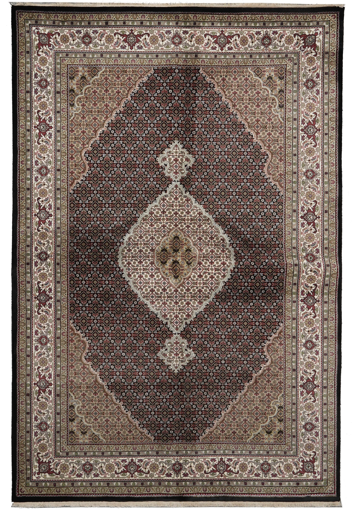 6.8 x 10 Persian Mahi Tabriz Hand-Knotted Wool Silk Rug: 6.8 x 10 Persian Mahi Tabriz Hand-Knotted Wool Silk Rug Free continental US Shipping This hand-knotted rug from Iran features a traditional Persian design crafted from high-quality wool with silk high