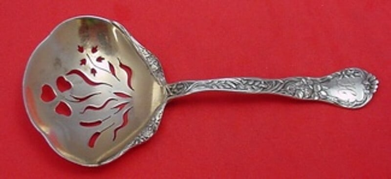 Gorham Meadow Sterling Silver Confection Spoon 5 1/4 Gold Washed Flower Design: Gorham Meadow Sterling Silver Confection Spoon 5 1/4 Gold Washed Flower Design Discover the elegance of the Meadow by Gorham Sterling Silver Confection Spoon, featuring a charming pierced flower desig