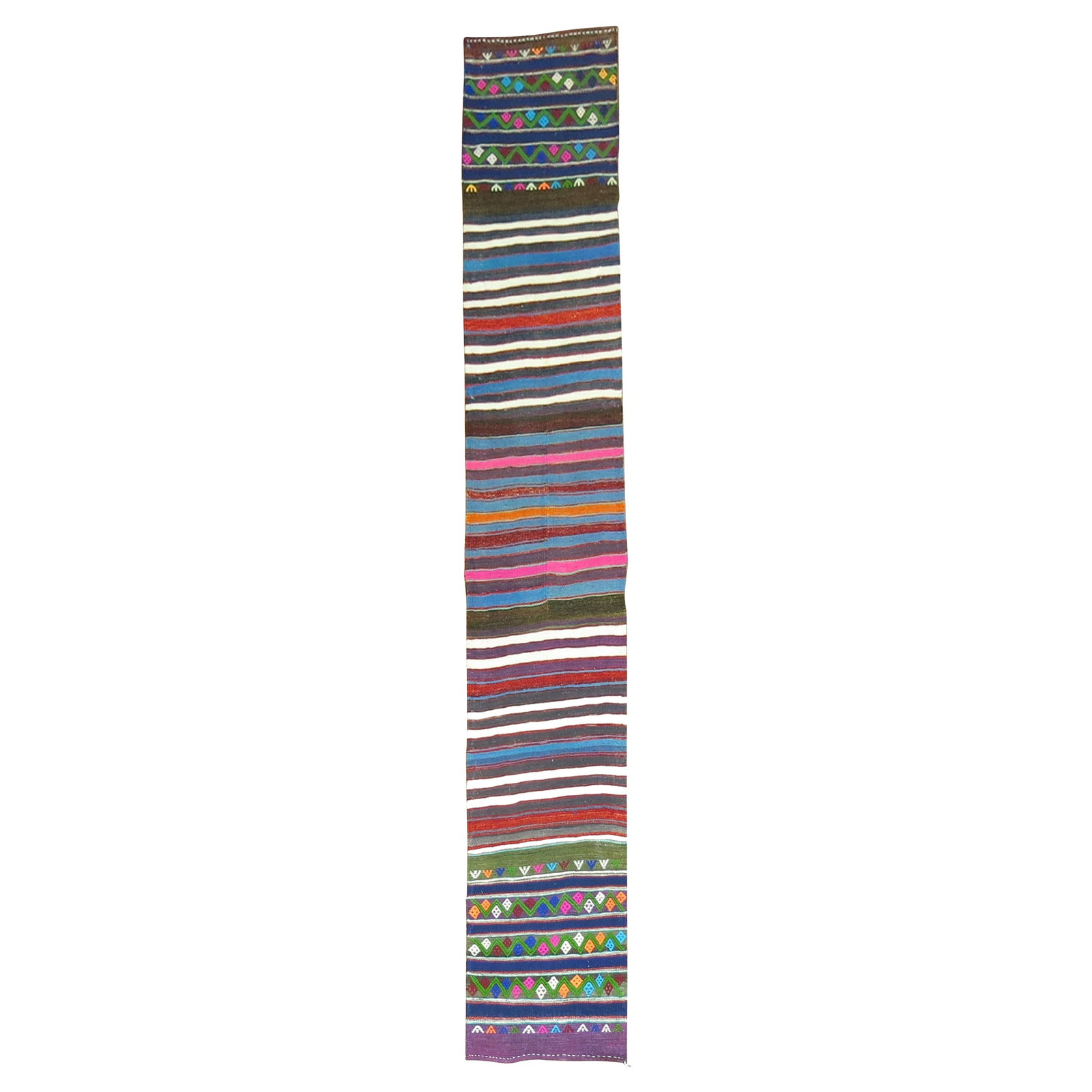 Vintage Bohemian Turkish Kilim Runner 16 x 101 Wool Hand-Knotted: Vintage Bohemian Turkish Kilim Runner 16 x 101 Wool Hand-Knotted Introducing a stunning vintage Turkish Kilim runner, perfect for adding a bohemian touch to your space. This unique piece, crafted from