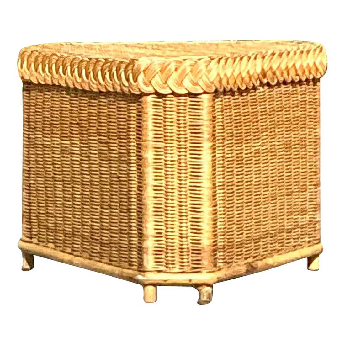 Vintage Brown Jordan Triangle Rattan Side Table with Hidden Storage: Vintage Brown Jordan Triangle Rattan Side Table with Hidden Storage Embrace the charm of coastal living with this Vintage Brown Jordan Triangle Side Table. Crafted with exquisite hand-woven rattan, th