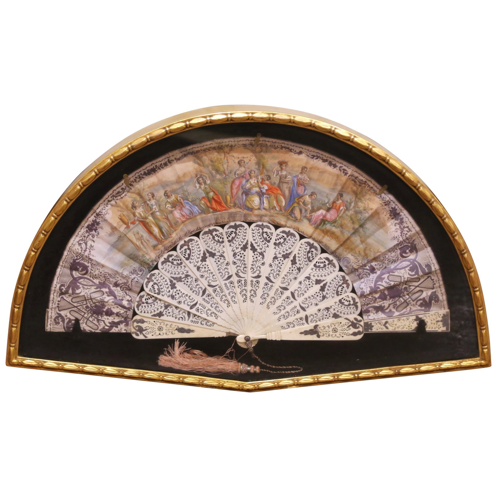 Napoleon III French Fan with Painted Silk and Pierced Bone in Gilt Shadowbox Frame: Napoleon III French Fan with Painted Silk and Pierced Bone in Gilt Shadowbox Frame This elegant late 19th-century French fan features a beautifully hand-painted silk body displaying a lively figural s