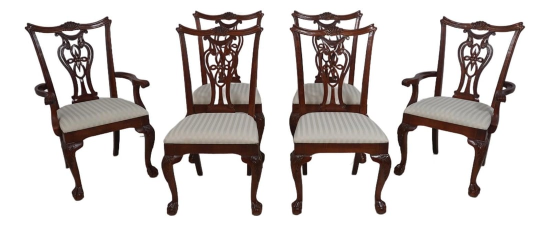 Six Chippendale Style Mahogany Dining Chairs with Ball and Claw Feet: Six Chippendale Style Mahogany Dining Chairs with Ball and Claw Feet This set includes six Pennsylvania House dining chairs crafted from mahogany, featuring ball and claw feet and finely carved detail