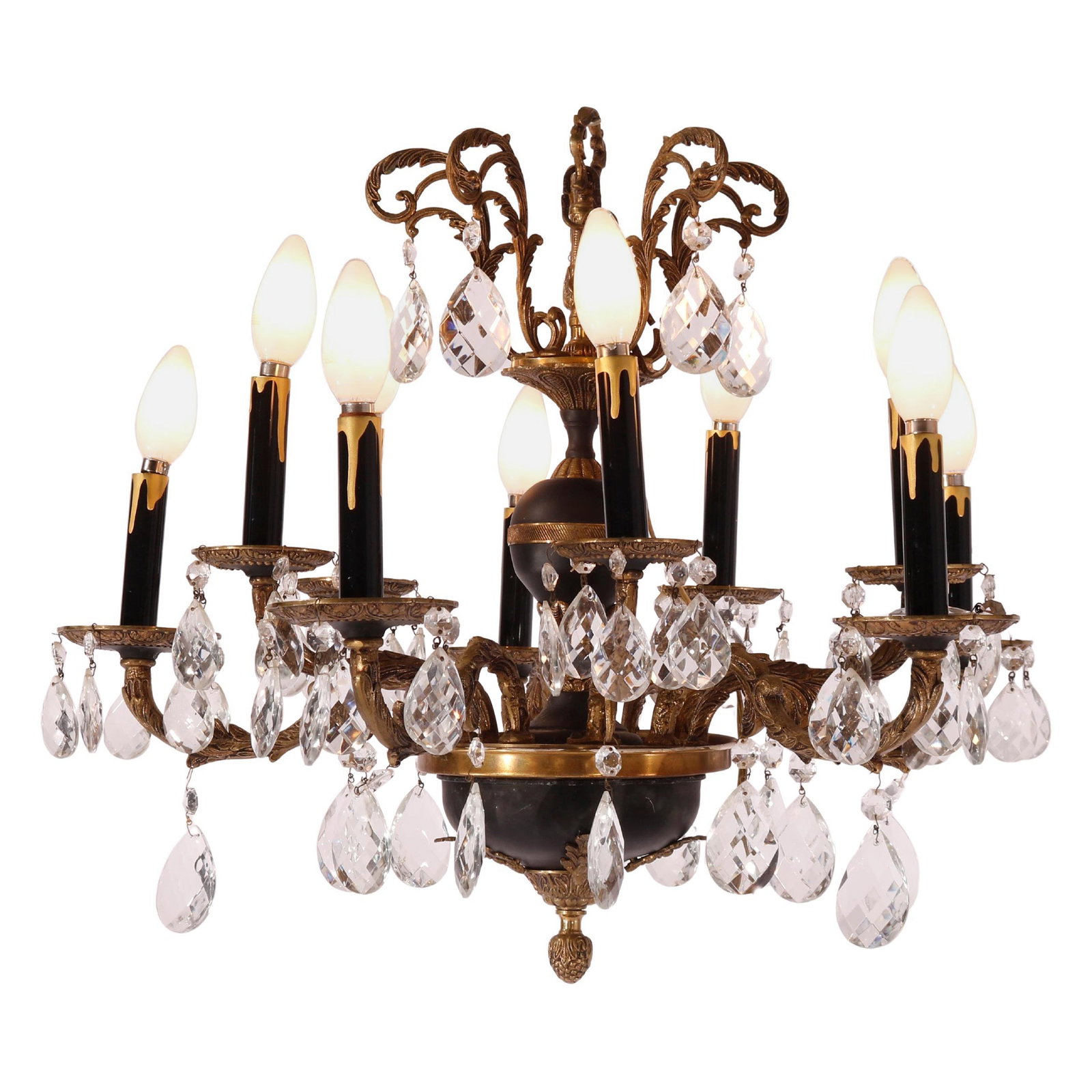 Antique French Empire Chandelier Ebonized Gilt Metal circa 1930: Antique French Empire Chandelier Ebonized Gilt Metal circa 1930 This exquisite Antique French Empire chandelier, crafted circa 1930, showcases a stunning combination of ebonized and gilt metal. The de