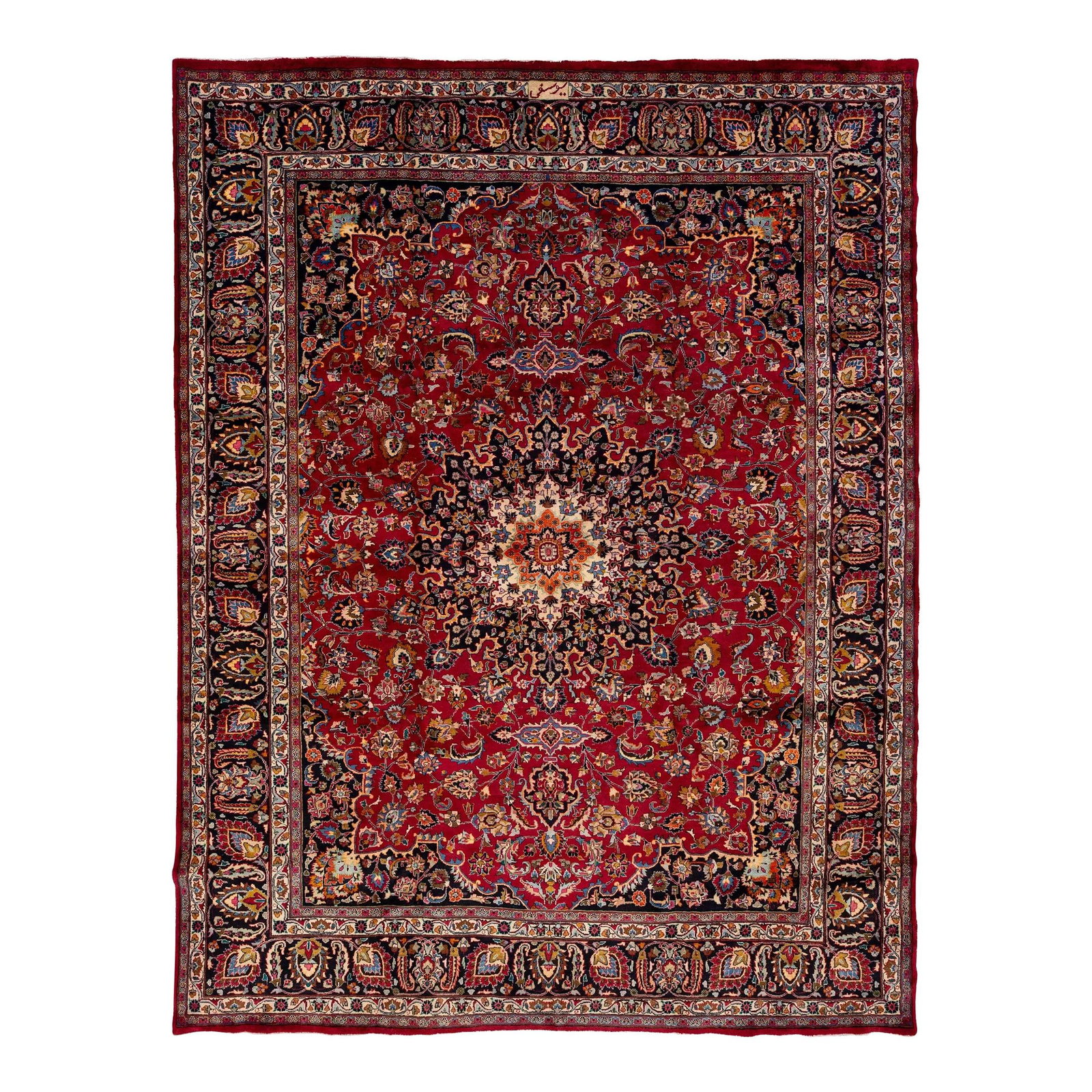 Vintage Handmade Mashad Wool Rug Red Multicolor 9'9 x 12'9: Vintage Handmade Mashad Wool Rug Red Multicolor 9'9 x 12'9 This exquisite Vintage Handmade Mashad Wool Rug showcases a captivating multicolor allover motif set against a striking red field. Measuring 