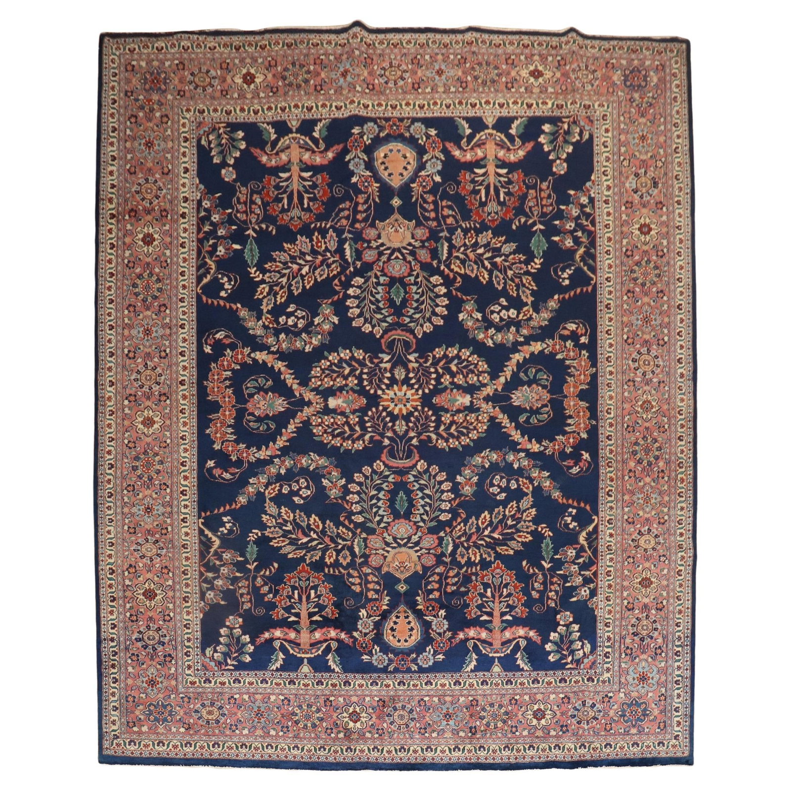 Mid Century Sarouk Farahan Wool Area Rug 9'1 x 11'5: Mid Century Sarouk Farahan Wool Area Rug 9'1 x 11'5 This vintage Persian Sarouk rug showcases a stunning floral design set against a rich navy background. Hand-woven from high-quality wool, this piece