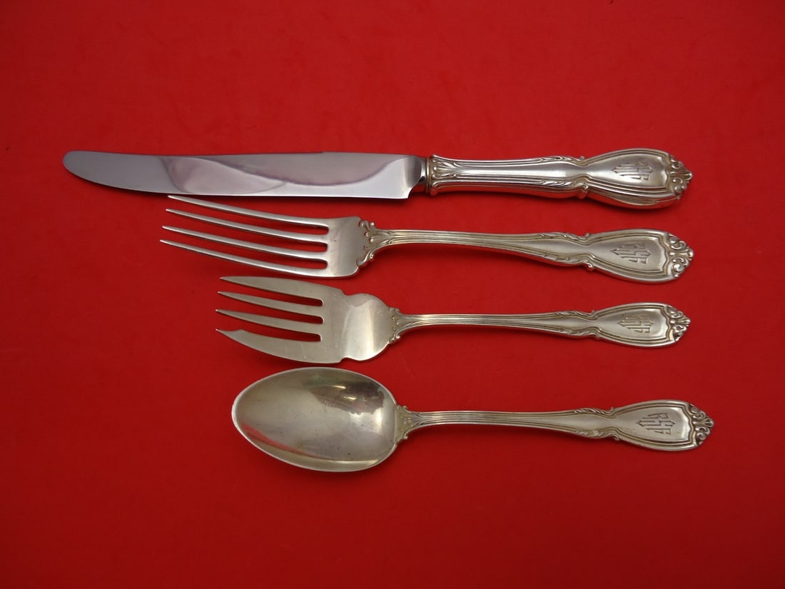 Durgin Wellington Sterling Silver 4-Piece Place Setting with Monograms: Durgin Wellington Sterling Silver 4-Piece Place Setting with Monograms Elevate your dining experience with this exquisite 4-piece regular size place setting from the Wellington pattern by Durgin. This