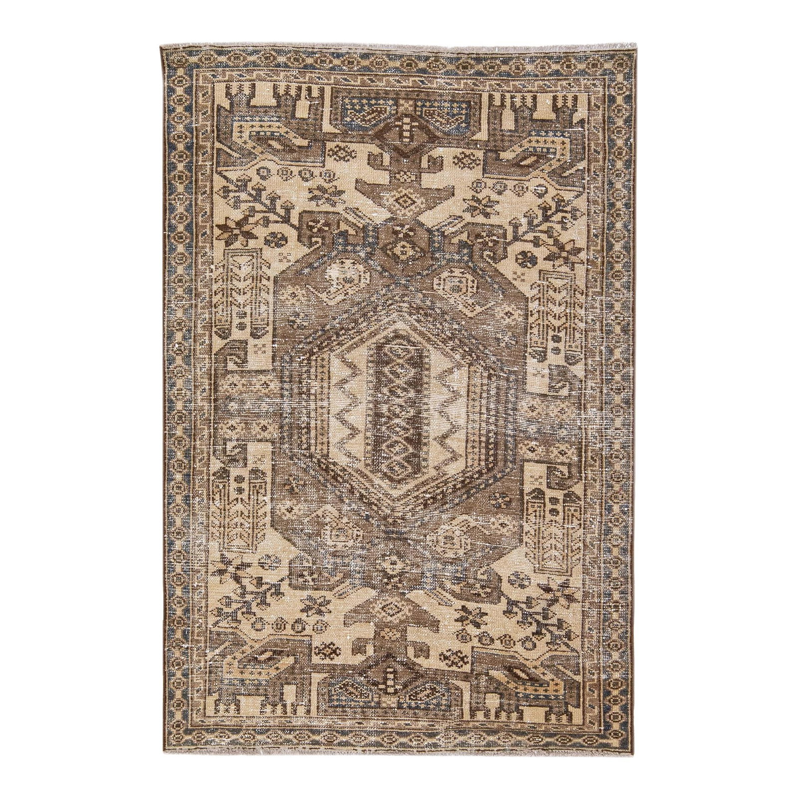 Vintage Persian Handmade Tribal Wool Rug 3'4 x 5 Beige: Vintage Persian Handmade Tribal Wool Rug 3'4 x 5 Beige This exquisite vintage Persian rug features a beautiful distressed finish, hand-knotted from high-quality wool. The elegant beige field is comple