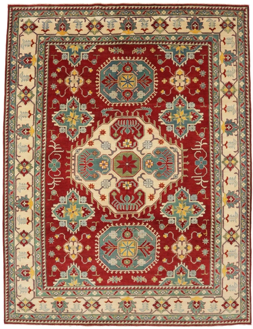 Hand-Knotted Wool Area Rug in Red Geometric Pattern 8'5 X 11'0: Hand-Knotted Wool Area Rug in Red Geometric Pattern 8'5 X 11'0 This Kazak Pakistan oriental rug features a large red geometric tribal design, hand-knotted from wool. The rug is rectangular with a medi