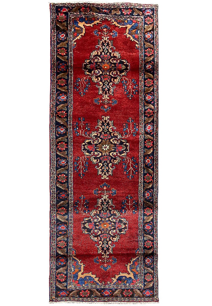 Handmade 3'6" x 11' Red Persian Hamadan Runner Rug: Handmade 3'6" x 11' Red Persian Hamadan Runner Rug Free continental US Shipping Enhance your home with the timeless allure of this 3.6 x 11 Red Traditional Persian Hamadan Runner Rug, meticulously han