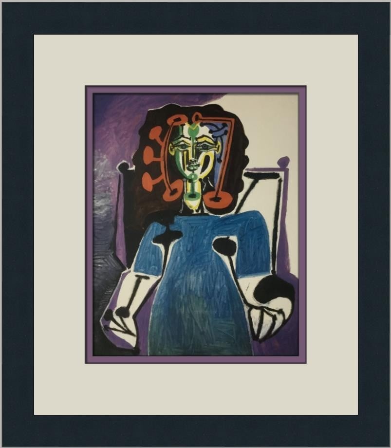 Pablo Picasso Francoise in an Armchair Custom Framed Print 1987: Pablo Picasso Francoise in an Armchair Custom Framed Print 1987 Enhance your art collection with this stunning custom framed print titled "Francoise in an Armchair" by the renowned artist Pablo Picass
