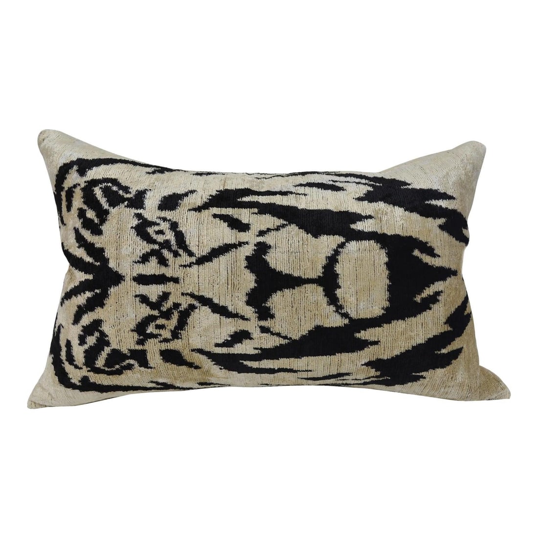 Handcrafted Silk Ikat Velvet Pillow with Linen Backing and Feather Insert: Handcrafted Silk Ikat Velvet Pillow with Linen Backing and Feather Insert This hand made pillow cushion features a striking Silk Uzbek Ikat velvet front, complemented by a natural linen backing and a 