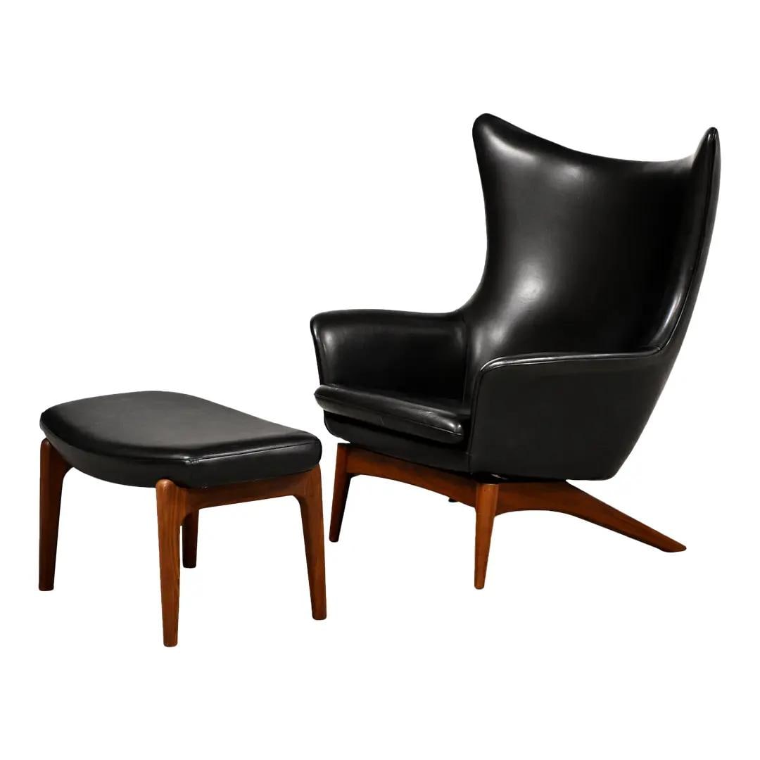 Mid Century Black Leather Lounge Chair with Ottoman by H.W. Klein: Mid Century Black Leather Lounge Chair with Ottoman by H.W. Klein This mid-century modern lounge chair and ottoman set features original black leather upholstery with a beautifully aged patina and sig