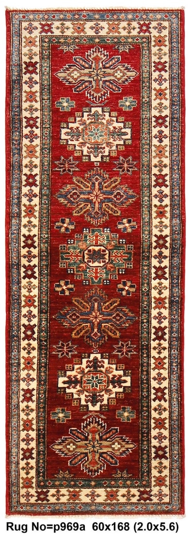2' x 5.6' Super Kazak Handmade Runner Rug in Silky Wool: 2' x 5.6' Super Kazak Handmade Runner Rug in Silky Wool Free continental US Shipping Elevate your home decor with this exquisite 2' x 5.6' Super Kazak Handmade Runner, expertly crafted from premium si