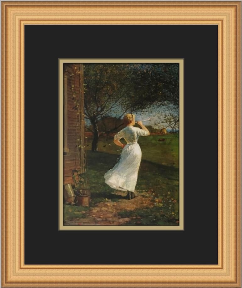 Winslow Homer The Dinner Horn Custom Framed Art Print 1991: Winslow Homer The Dinner Horn Custom Framed Art Print 1991 This exquisite custom framed print features Winslow Homer's artwork titled 'The Dinner Horn.' Measuring 12 inches in width and 14 inches in h