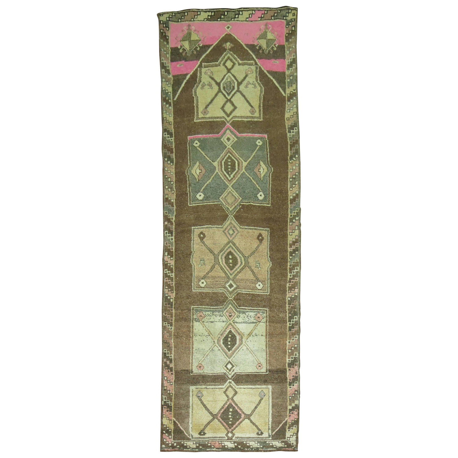 Vintage Turkish Kars Wool Runner Rug Brown and Pink 3'5" x 11'7": Vintage Turkish Kars Wool Runner Rug Brown and Pink 3'5" x 11'7" Discover the exquisite charm of this Vintage Turkish Runner from the Zabihi Collection, showcasing a captivating blend of brown and pin