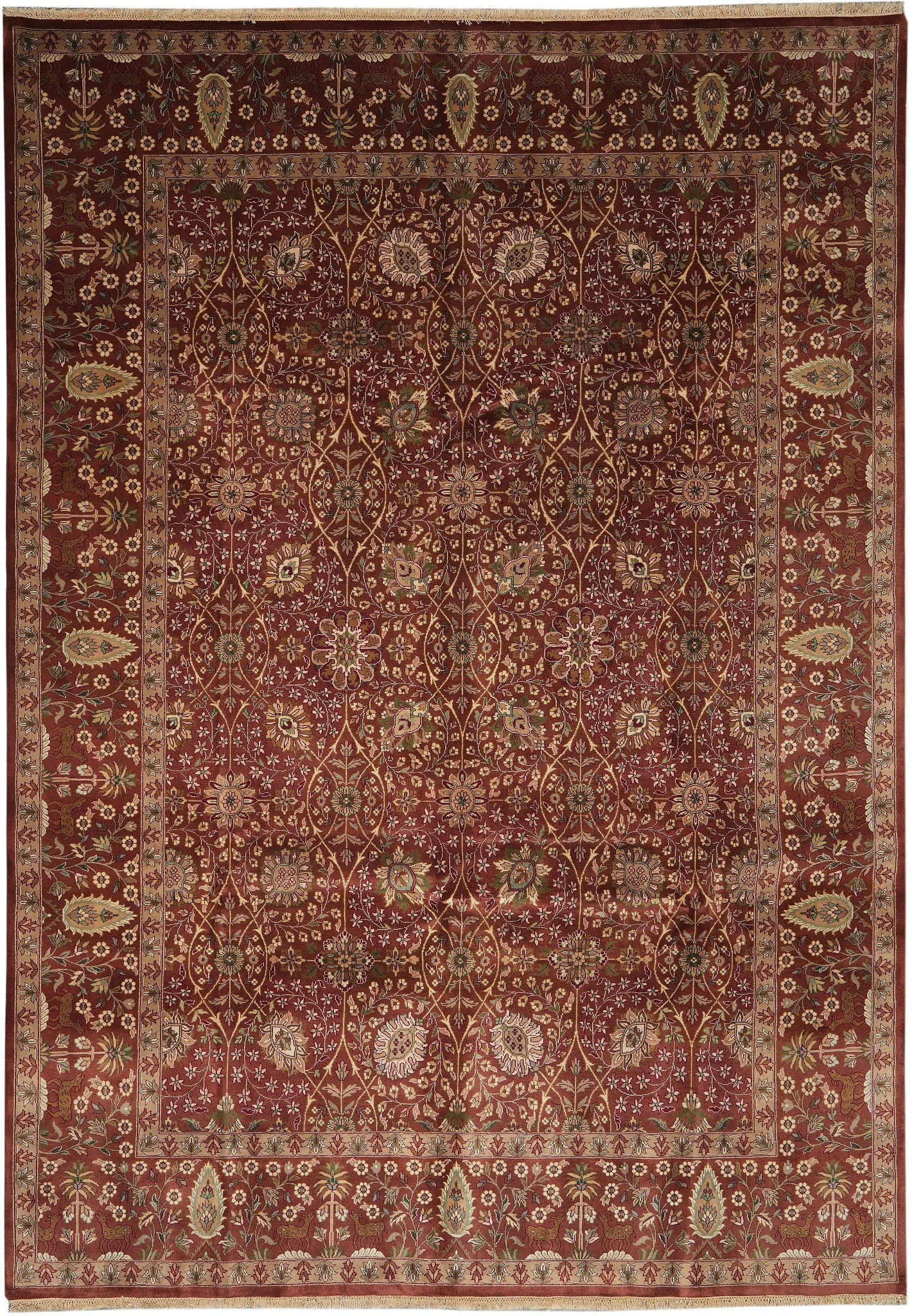 9 x 12 India Hand-Knotted Wool Rug Dense Fine Weave Floral: 9 x 12 India Hand-Knotted Wool Rug Dense Fine Weave Floral Free continental US Shipping This 9 x 12 hand-knotted rug is made in India from dense wool with a fine weave. It features traditional floral 