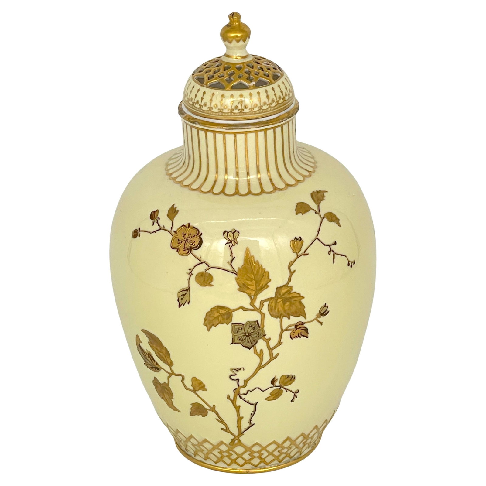 Aesthetic Movement Gilt Porcelain Potpourri Vase with Pierced Lid 1892: Aesthetic Movement Gilt Porcelain Potpourri Vase with Pierced Lid 1892 This Royal Crown Derby potpourri vase from 1892 exemplifies the Aesthetic Movement's refined style. Crafted in England from fine 