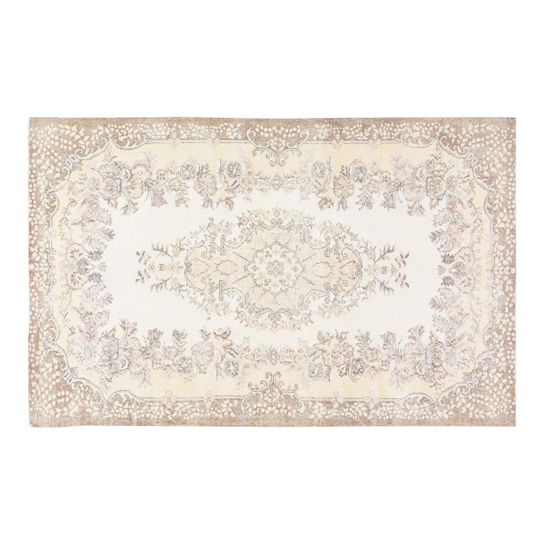Hand Knotted Wool Tan Rug 6'x9'6 Vintage Turkish Whitewash: Hand Knotted Wool Tan Rug 6'x9'6 Vintage Turkish Whitewash This vintage Turkish rug is hand-knotted from wool, showcasing traditional craftsmanship combined with a modern design aesthetic. Its soft, d