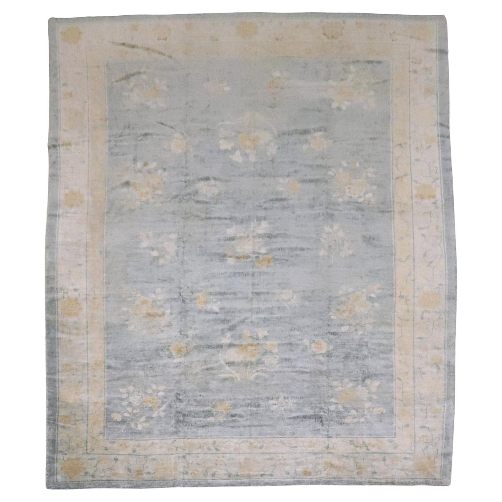 Art Deco Chinese Floral Wool Rug 9'4" x 11'6" Room Size Circa 1920s: Art Deco Chinese Floral Wool Rug 9'4" x 11'6" Room Size Circa 1920s This early 20th-century Chinese Art Deco rug features a hand-woven wool construction with a Peking floral design in soft blue and cr