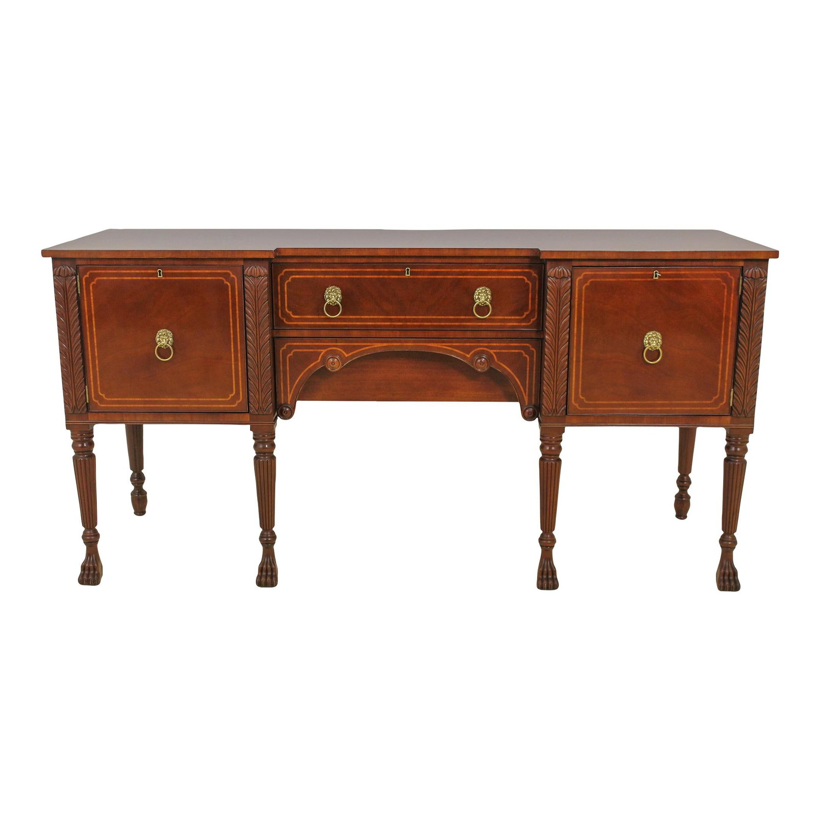 Kindel Irish Georgian Mahogany Sideboard with Paw Feet and Inlay: Kindel Irish Georgian Mahogany Sideboard with Paw Feet and Inlay This exquisite Kindel Irish Georgian Mahogany Paw Foot Sideboard is a stunning piece that embodies traditional elegance and craftsmansh