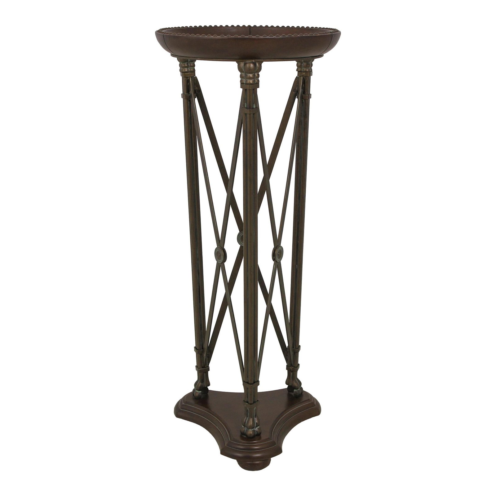 Bronze Finish Leather Wrapped Studded Pedestal Table with Glass Top: Bronze Finish Leather Wrapped Studded Pedestal Table with Glass Top This exquisite Leather Wrapped Studded Glass Top Pedestal Table features a stunning bronze finish base with tack head trim and a gla