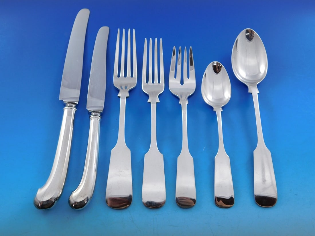 Gorham Old English Tipt sterling silver 60 piece flatware service pistol grip: Gorham Old English Tipt sterling silver 60 piece flatware service pistol grip This Gorham Old English Tipt flatware set features a classic, rectangular fiddle-shaped design introduced in 1870. Crafted