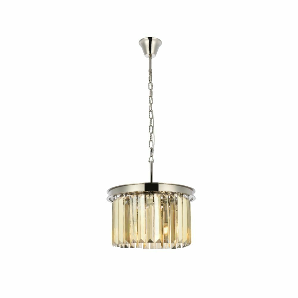 Sydney 3-Light Crystal Pendant in Polished Nickel 16 Inch: Sydney 3-Light Crystal Pendant in Polished Nickel 16 Inch This modern crystal chandelier features a polished nickel frame and is adorned with high-quality Royal Cut golden teak crystals. Designed as a
