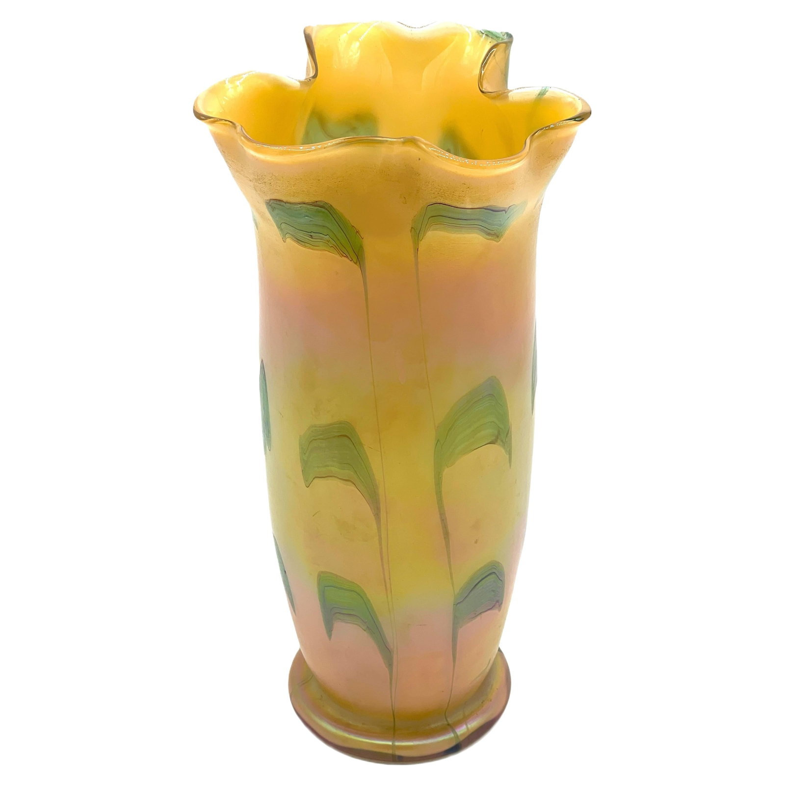 Austrian Loetz Art Nouveau Glass Vase with Crimped Rim 20th Century: Austrian Loetz Art Nouveau Glass Vase with Crimped Rim 20th Century This exquisite Austrian Art Nouveau Loetz art glass vase, crafted in the early 20th century, stands 13 inches tall with a diameter o
