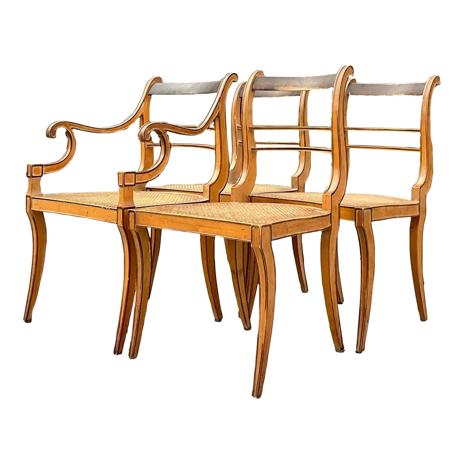 Vintage Boho Dining Chairs Set of Four with Cane Seats: Vintage Boho Dining Chairs Set of Four with Cane Seats Enhance your dining experience with this stunning set of vintage Boho dining chairs. Featuring a chic scroll back design and elegant saber legs, 